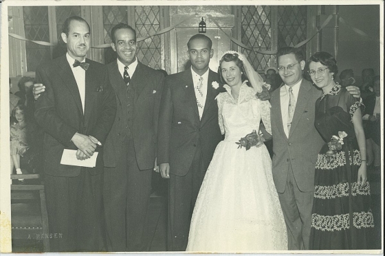 My parents, center, Neal Hemachandra and Rita Warmbrand, marry, flanked on the left by Judge Hubert Delany and Hubert Dilworth (my Uncle Bill)) and on the right by my Aunt Hattie (Rita's sister) and Uncle John Harvey, Hattie's husband.