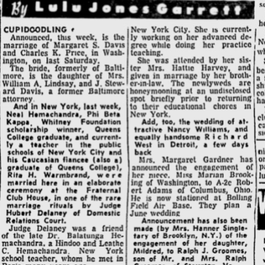My parents' mixed marriage received coverage in black newspapers. I really love the enthusiastic description in Lulu Jones Garrett's Gadabouting in the USA column.