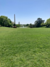 The lovely view out from the White House over the South Lawn includes the Washington Monument and, in the distance, the Jefferson Memorial.