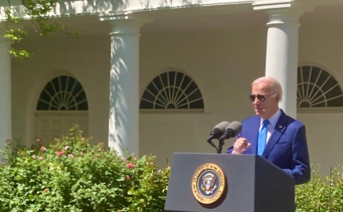 President Biden delivering remarks about care workers and family caregivers on April 18, 2023, in the White House Rose Garden.