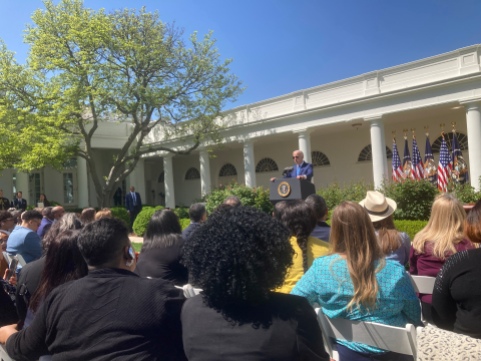 President Joe Biden delivering remarks about care workers and family caregivers on April 18, 2023, in the White House Rose Garden.
