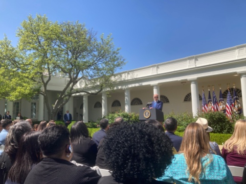 President Biden delivering remarks about care workers and family caregivers on April 18, 2023, in the White House Rose Garden.